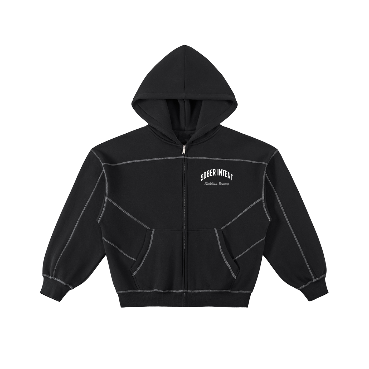 "SOBER INTENT" BOXY CONTRAST STITCH ZIP UP HOODIE