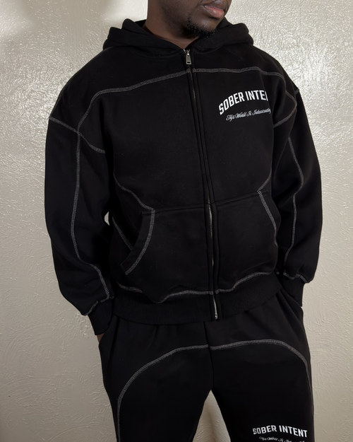 "SOBER INTENT" BOXY CONTRAST STITCH ZIP UP HOODIE