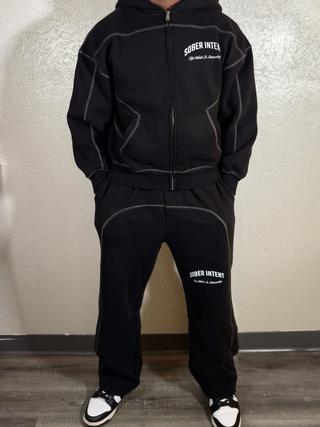 "SOBER INTENT" BOXY CONTRAST STITCH ZIP UP HOODIE