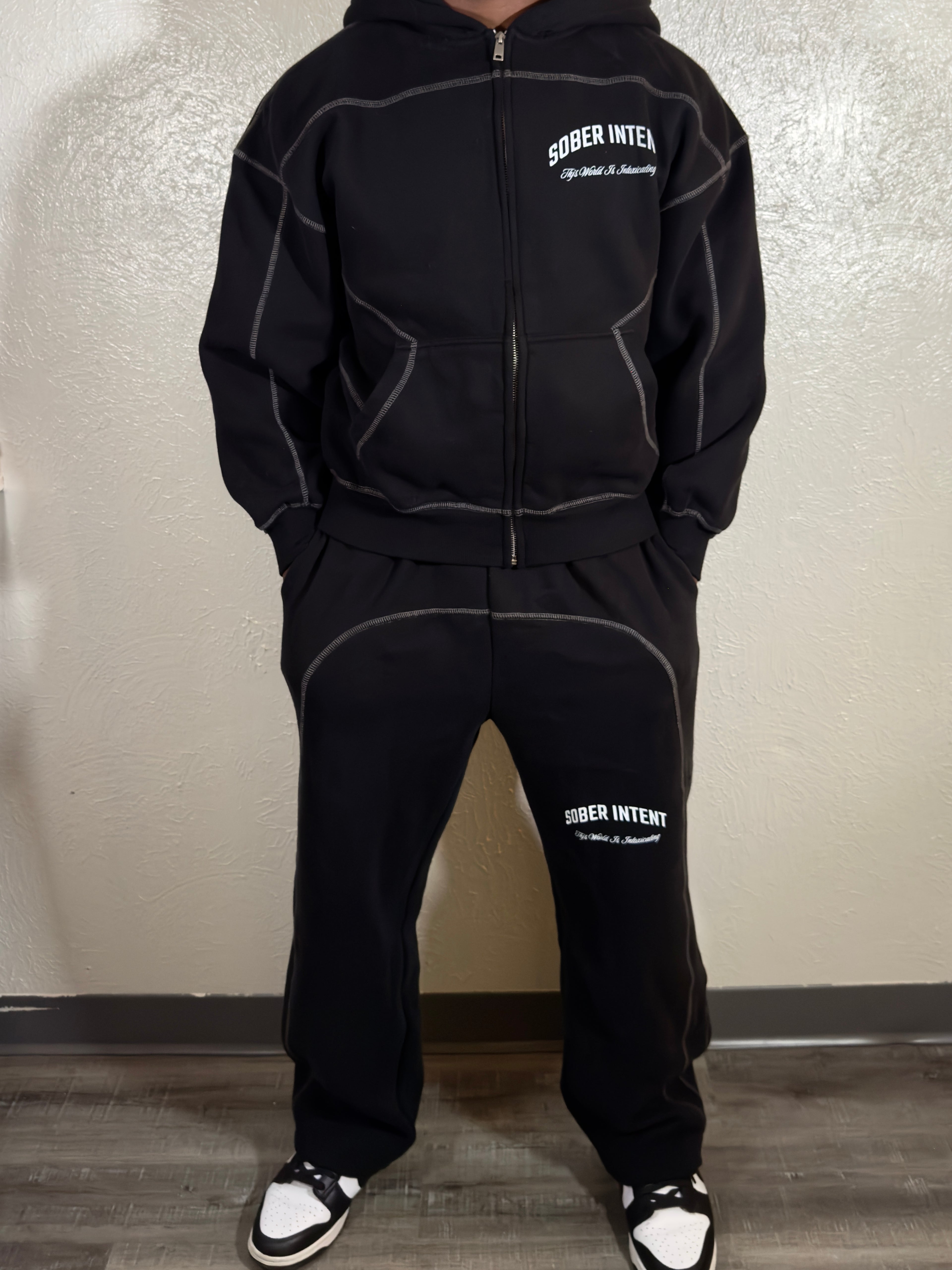 "SOBER INTENT" BOXY CONTRAST STITCH ZIP UP HOODIE